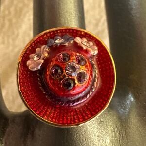 Adjustable, Size 8, Red Hat Society Gold Tone Ring with Three Flowers